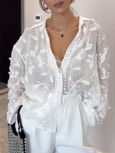 

Shawl Collar Long Sleeve Embroidery Patterns Regular Loose Shirt For Women, White, Shirts