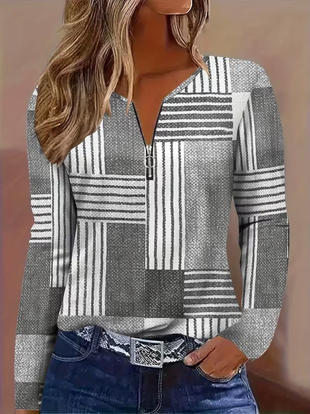 

Women Abstract Long Sleeve Tee T-shirt V Neck Printing Vintage Spring/Fall Top, Gray, T-Shirts