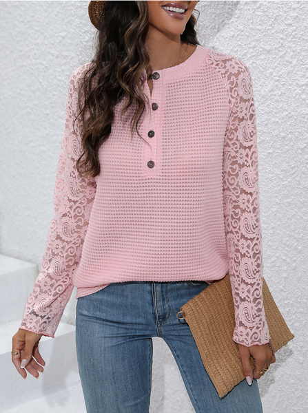 

Crew Neck Long Sleeve Plain Regular Loose Blouse For Women, Pink, Blouses