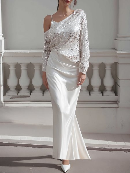 

Elegant Plain Glitter Spaghetti Maxi Dress, White, Maxi Dresses