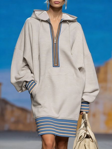 Casual Color Block Raglan Sleeves Zipper Hoodie Knee Length Dress