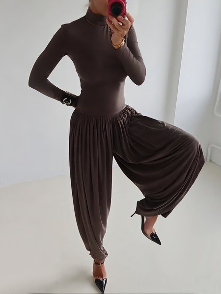 

Casual Plain Stand Collar T-Shirt Jumpsuit, Brown, Jumpsuits