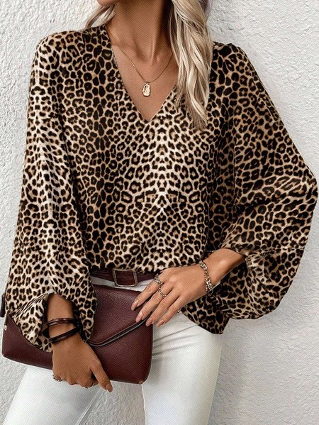 

Women Leopard Half Sleeve Shirt Summer Printing V Neck Daily Casual Top, Blouses