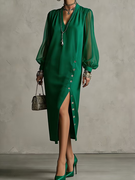 Urban Plain Side-Slit V Neck Midi Dress