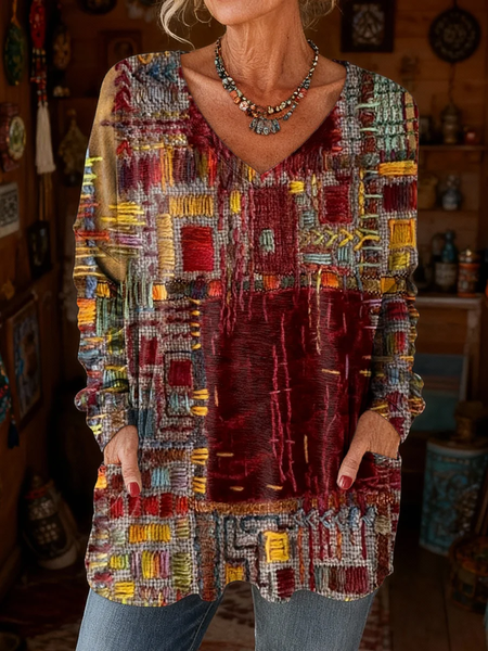 

Vintage Abstract V Neck Long Sleeve T-shirt, Red, T-shirts