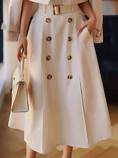 

Elegant Buttoned Plain Midi Skirt With Belt, Khaki, Skirts