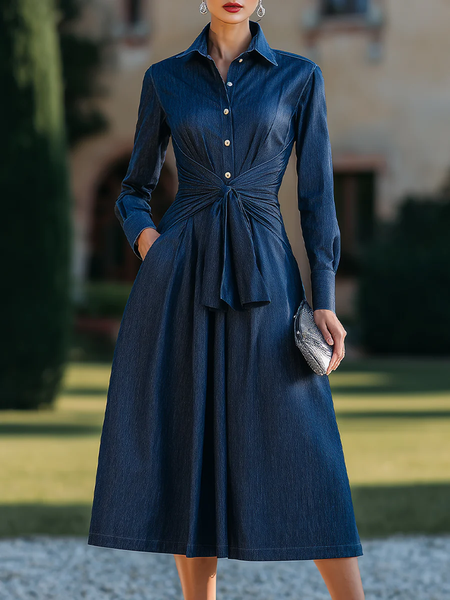Urban Plain Buttoned Shirt Collar Midi Dress