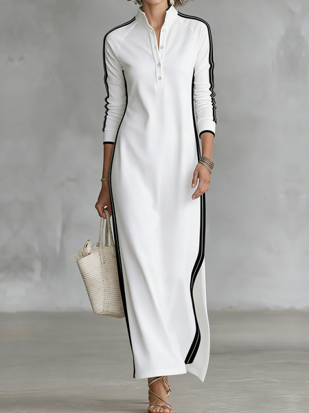 

Casual Color Block Stand Collar Maxi Dress, White, Maxi Dresses