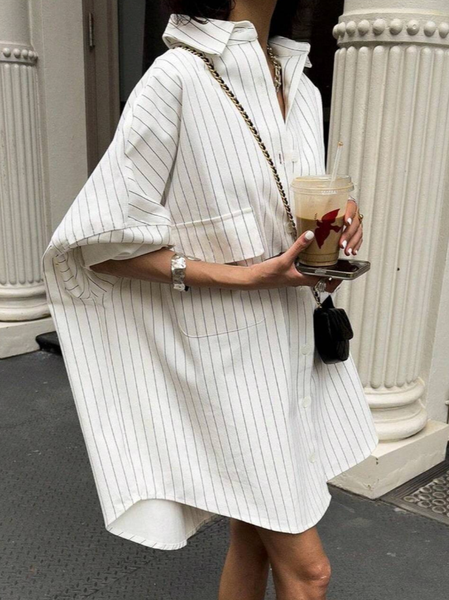 

Urban Striped Buttoned Knee Length Dress, White, Mini Dresses