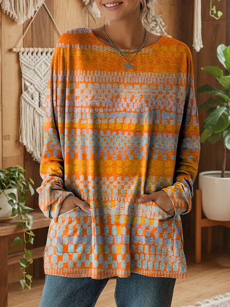 

Women Abstract Long Sleeve Tee T-shirt Crew Neck Printing Vintage Spring/Fall Top, Orange, T-Shirts