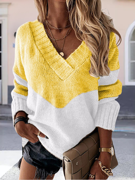

Women Leopard Split Joint Winter Street Long Sleeve V Neck Sweater, White-yellow, Sweaters