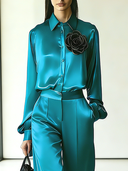 

Satin Urban Plain 3D Floral Shirt Collar Shirt, Cyan, Blouses and Shirts