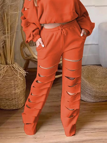 Casual Plain Hollow Out Wide Leg Pants