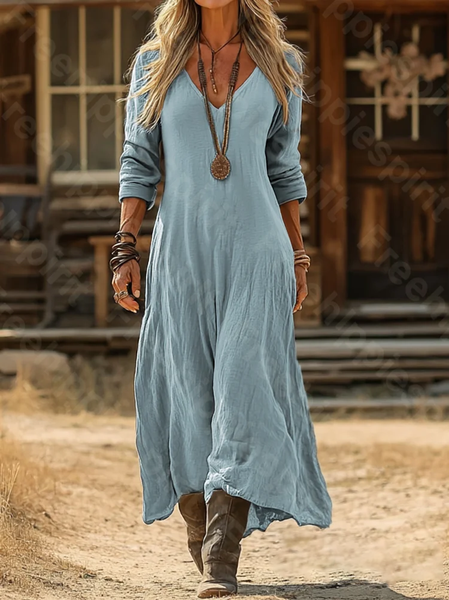

Women Plain Long Sleeve Spring/Fall Printing Dress V Neck Daily Vintage Maxi H-Line Dress, Blue, Casual Dresses