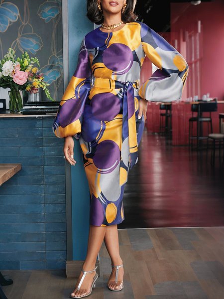 

Elegant Geometric Printing Crew Neck Midi Dress With Belt, Purple, Midi Dresses