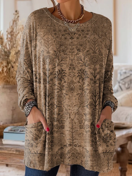 

Women Floral Long Sleeve Tee T-shirt Crew Neck Printing Vintage Spring/Fall Top, Khaki, T-Shirts