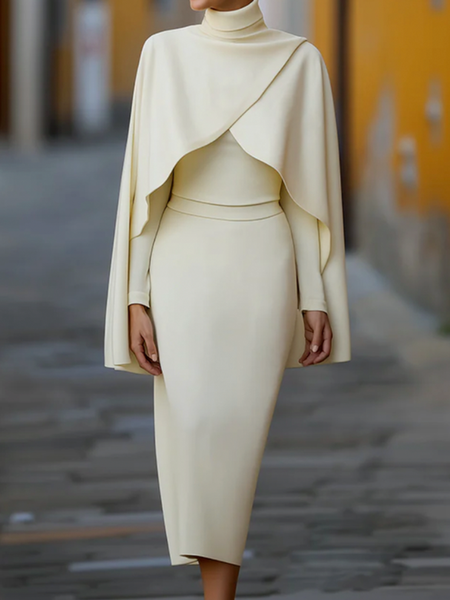 Elegant Plain Mock Neck Midi Dress