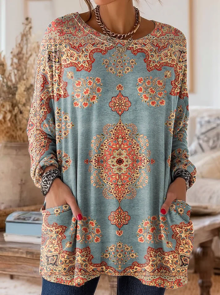 

Women's Long Sleeve T-shirt Spring/Fall Blue Floral Printing Crew Neck Daily Going Out Vintage Top, T-Shirts