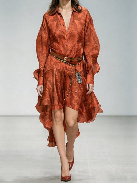 

Vacation Floral Shirt Collar Midi Dress No Belt, Orange, Mini Dresses