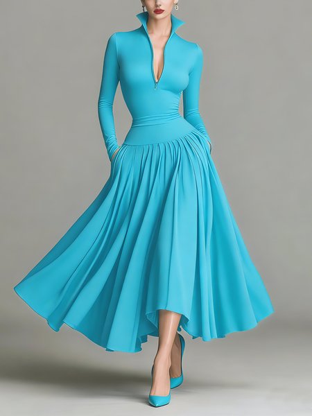 

Elegant Plain Ruched Mock Neck Midi Dress, Blue, Maxi Dresses