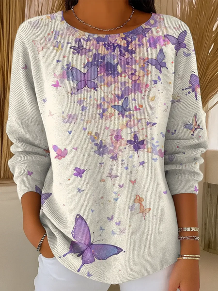 

Crew Neck Butterfly Casual Printing Sweater, Apricot, Sweaters