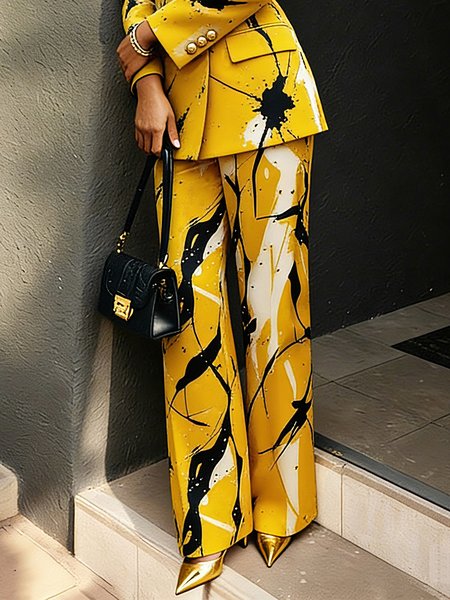 

Urban Random Print Printing Wide Leg Pants, Yellow, Pants