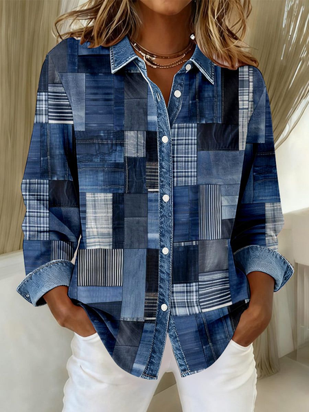 

Shirt Collar Regular Sleeve Long Sleeve Faux Denim Print Graphic Buckle Regular Loose Button Up Shirt Shirt For Women, Blue, Shirts