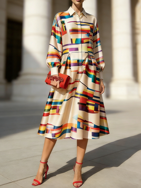 

Urban Geometric Shirt Collar Midi Dress, As picture, Midi Dresses