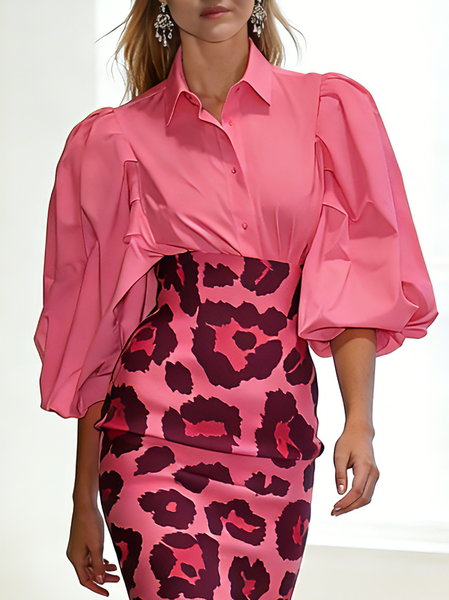 

Urban Plain Shirt Collar Puff Sleeve Shirt, Pink, Blouses and Shirts