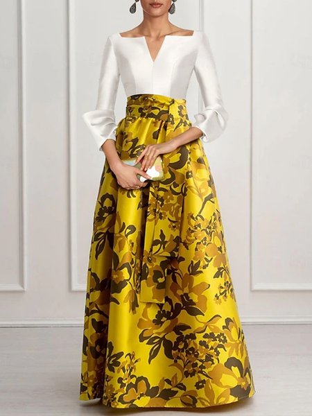 

Elegant Floral Printing V Neck Three Quarter Sleeve Maxi Dress, Yellow, Maxi Dresses