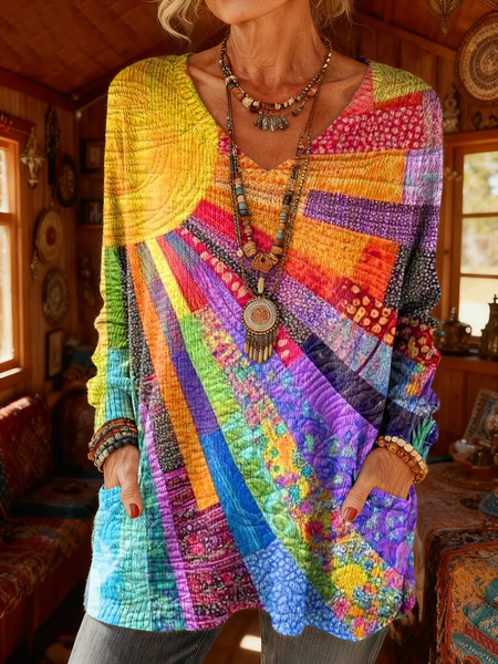 

Women's Long Sleeve T-shirt Spring/Fall As Picture Abstract Printing V Neck Daily Going Out Vintage Top, T-Shirts