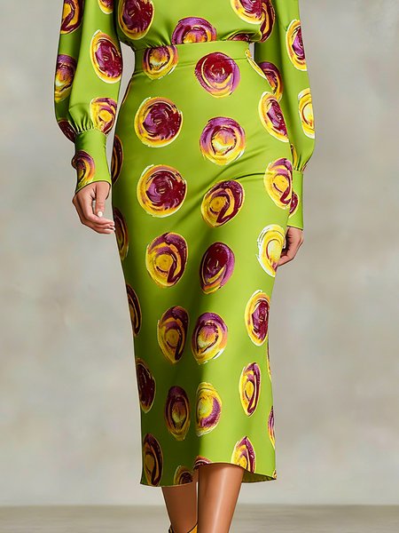 

Elegant Printing Abstract Polka Dots Midi Skirt, Green, Skirts