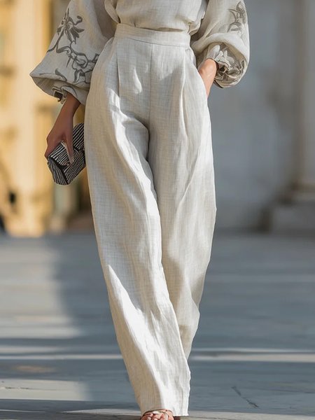 

Cotton Casual Plain Wide Leg Pants, As picture, Pants