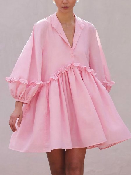 

Cotton Elegant Plain Balloon Sleeve Peplum Stand Collar Mini Dress, Pink, Mini Dresses