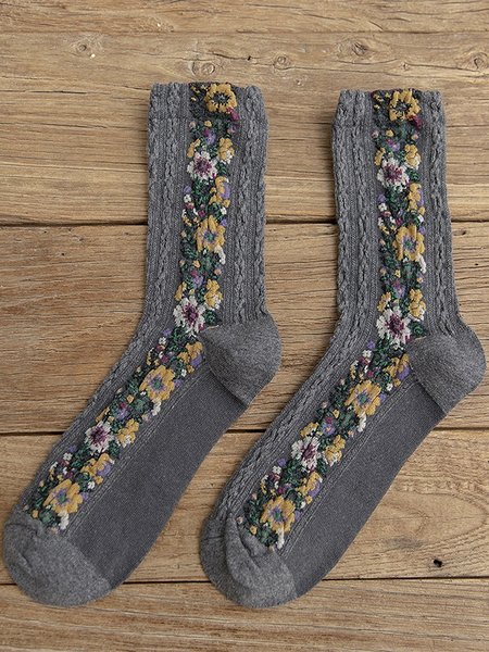 

Cable Knit Cotton Women's Socks Retro Style Small Floral Jacquard Mid-calf Socks, Unique Slouch Socks, Light gray, Socks