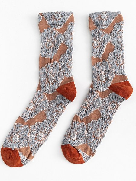 

3d Jacquard Embroidered Sweet Pleated Floral Pattern Retro Color-blocked Slouch Socks, Orange red, Socks