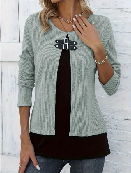 

Crew Neck Long Sleeve Color Block Regular Loose Blouse For Women, Green, Blouses