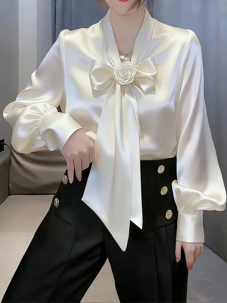 

Satin Elegant Plain 3D Floral V Neck Blouse, Off white, Blouses and Shirts