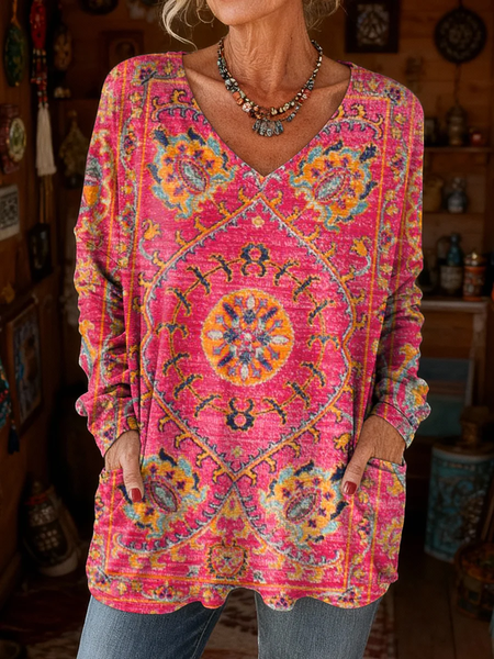 

Women's Long Sleeve T-shirt Spring/Fall Pink Abstract Printing V Neck Daily Going Out Vintage Top, T-Shirts