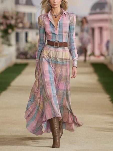 

Elegant Plaid Printing Shirt Collar Maxi Dress No Belt, As picture, Midi Dresses