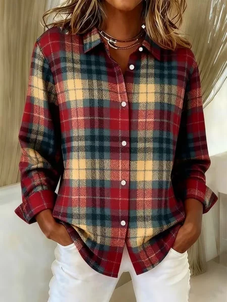

Women's Long Sleeve Shirt Spring/Fall As Picture Plaid Buckle Shirt Collar Regular Sleeve Daily Going Out Casual Top, Shirts