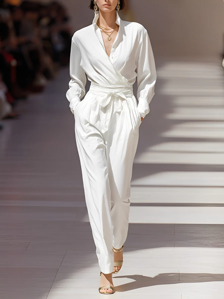 

Urban Buttoned Plain Shawl Collar Shirt Jumpsuit With Belt, White, Jumpsuits