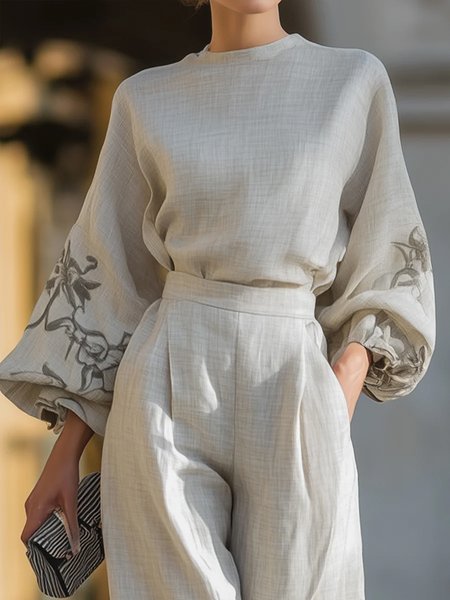 

Cotton Casual Botanical Pattern Crew Neck Blouse, As picture, Blouses and Shirts