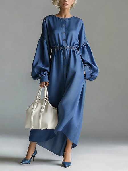 

Faux Denim Casual Plain Balloon Sleeve Ruched Crew Neck Maxi Dress, Deep blue, Maxi Dresses