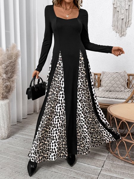 

Women Leopard Spring/Fall Dress Long Sleeve A-Line Dress, Black, Dresses
