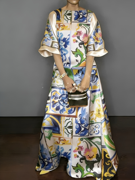 

Elegant Floral Crew Neck Maxi Dress, As picture, Maxi Dresses