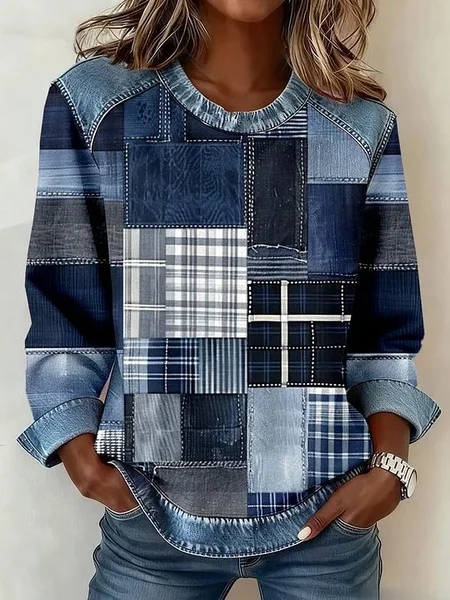 

Women's Abstract Print Patchwork Denim Crewneck Long-Sleeved Sweatshirt, Blue, Sweatshirts & Hoodies