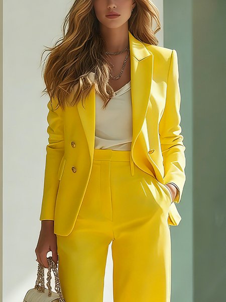 

Urban Buttoned Plain Lapel Collar Blazer, Yellow, Blazers