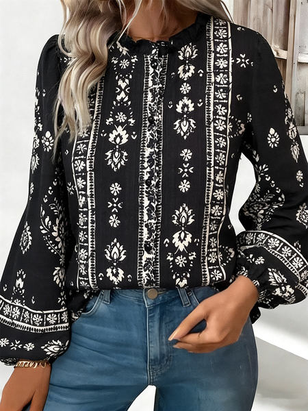 

Balloon Sleeve Long Sleeve Striped Regular Loose Shirt For Women, Black, Shirts