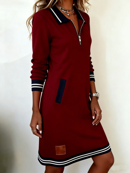 

Women Color Block Spring/Fall Dress V Neck Long Sleeve A-Line Dress, Wine red, Midi